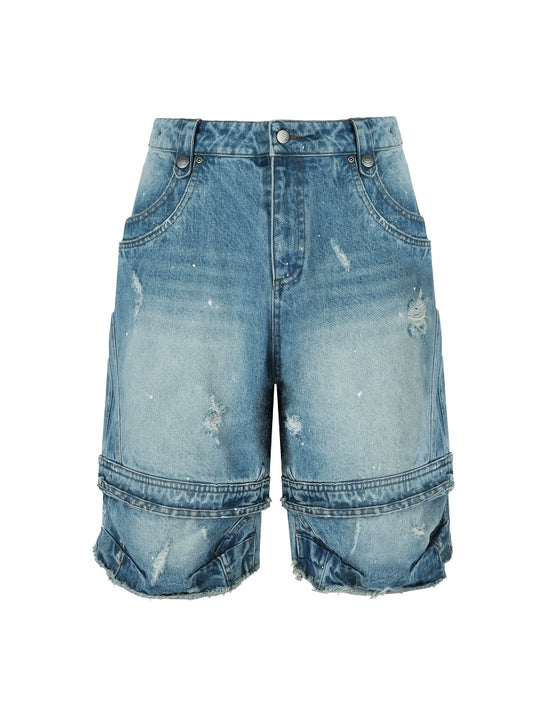 ANTIDOTE Destroyed Double-Layer Washed Denim Shorts | Face 3 Face