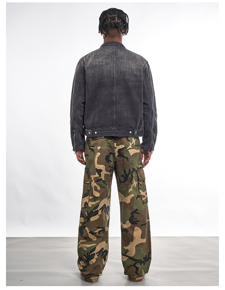 F3F Select Double Rivet Button Washed Denim Motorcycle Jacket | Face 3 Face