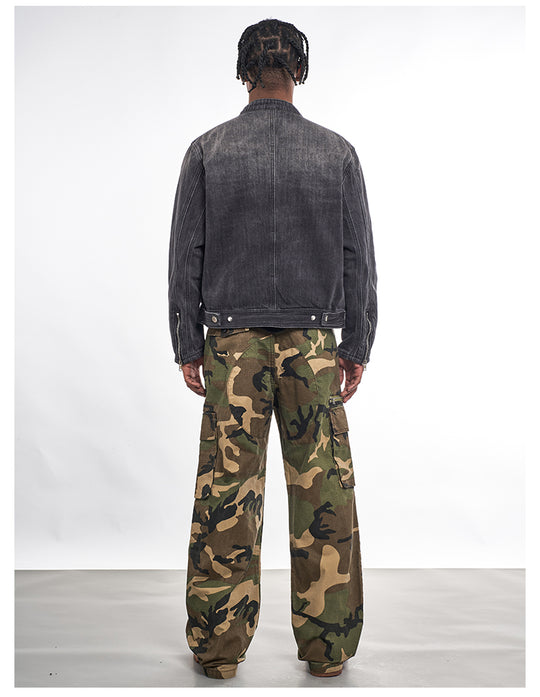 F3F Select Double Rivet Button Washed Denim Motorcycle Jacket | Face 3 Face