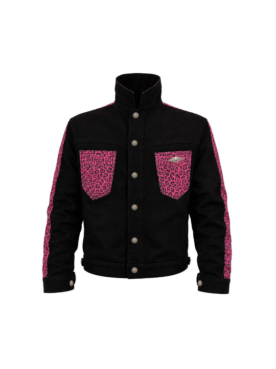 KARMANISTIC Pink Leopard Print Patchwork Denim Jacket | Face 3 Face