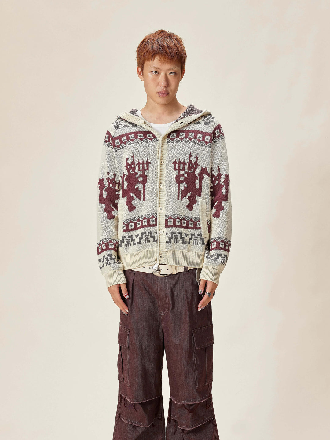 EVILKNIGHT(EK) Ethnic Pattern Knit Hooded Cardigan