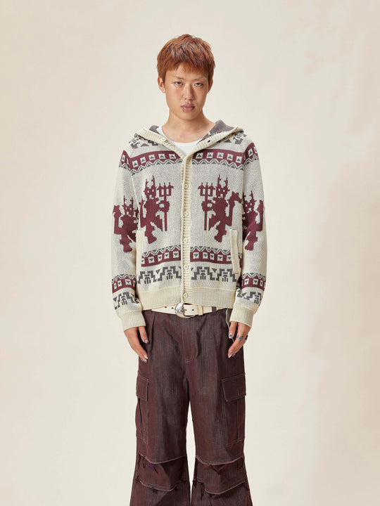 EVILKNIGHT(EK) Ethnic Pattern Knit Hooded Cardigan