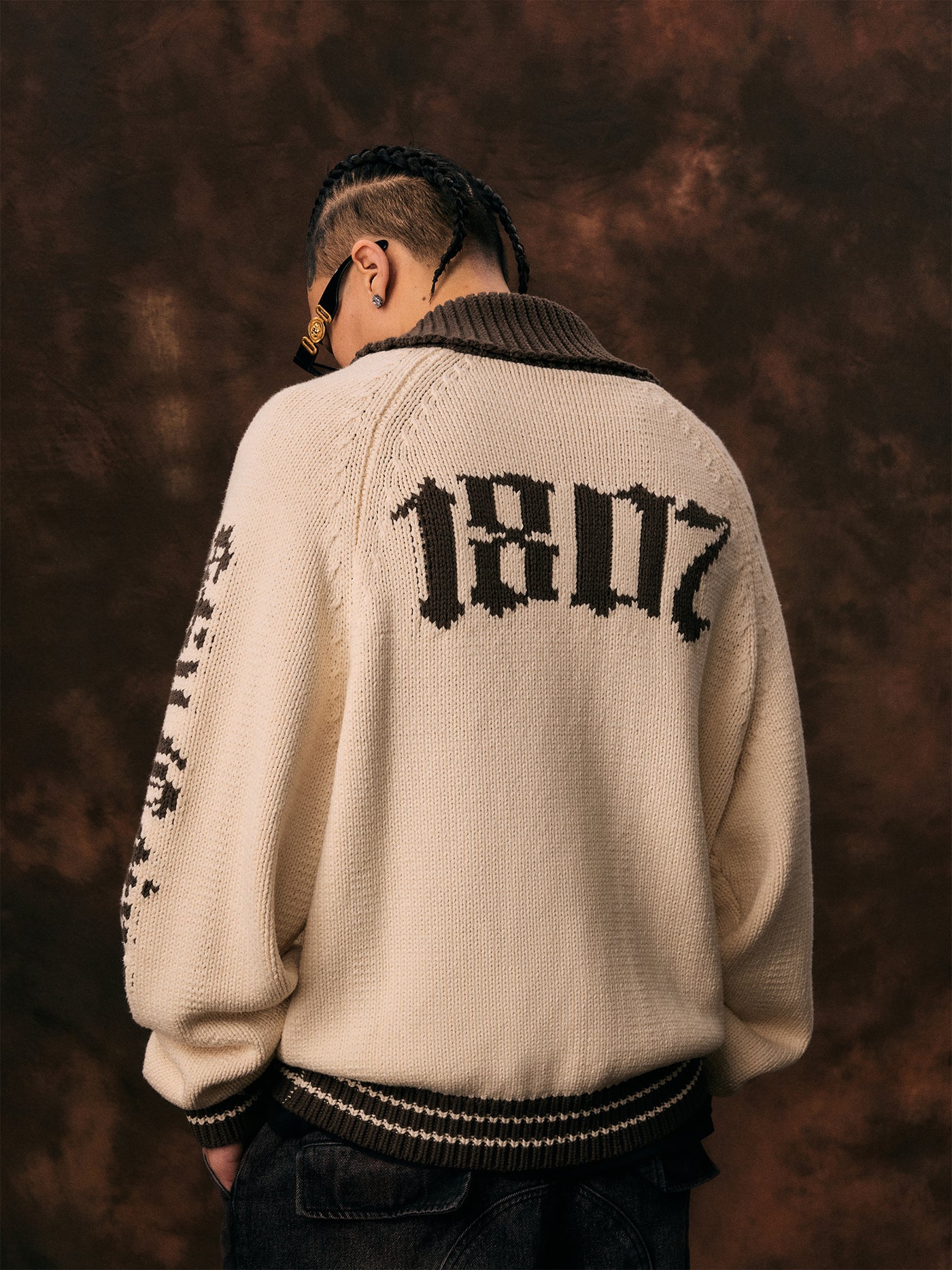 1807 Gothic Font Embroidery Zip Up Cowichan Cardigan | Face 3 Face