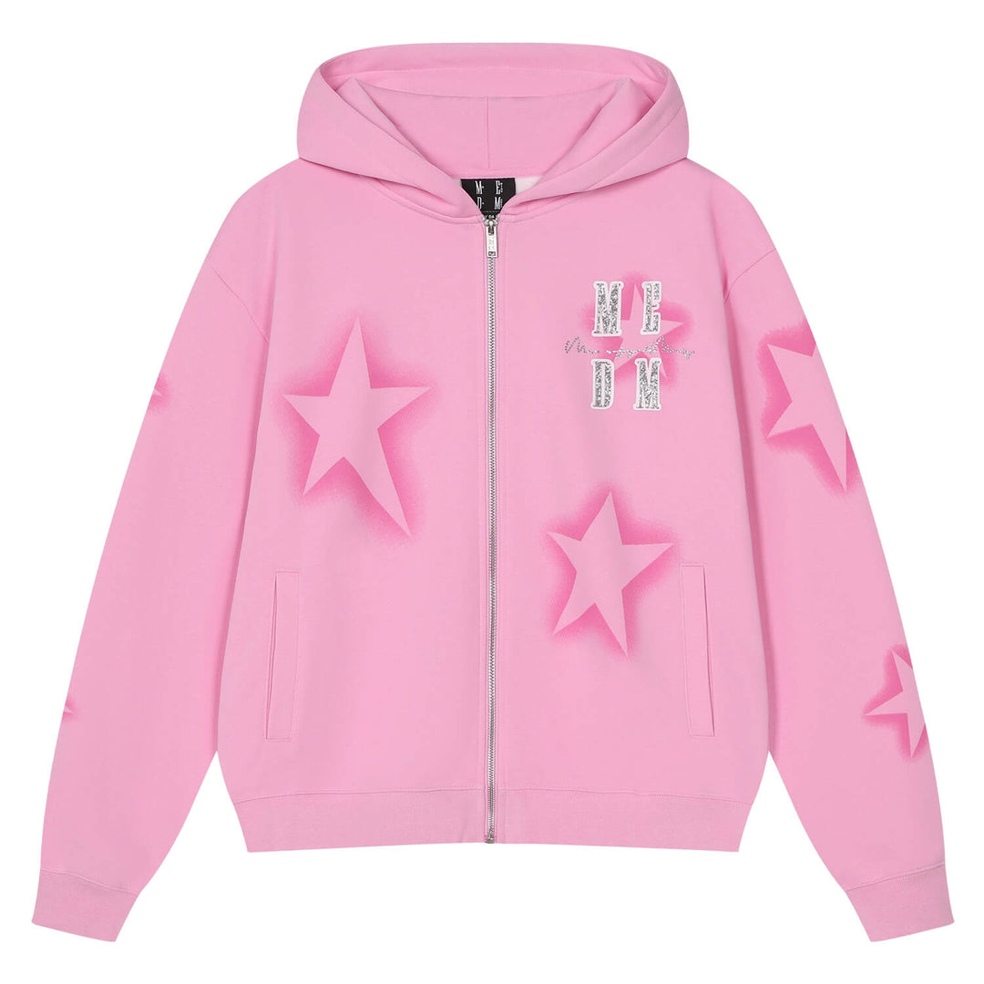 MEDM Spray Star Print Rhinestone Logo Zip Up Hoodie | Face 3 Face