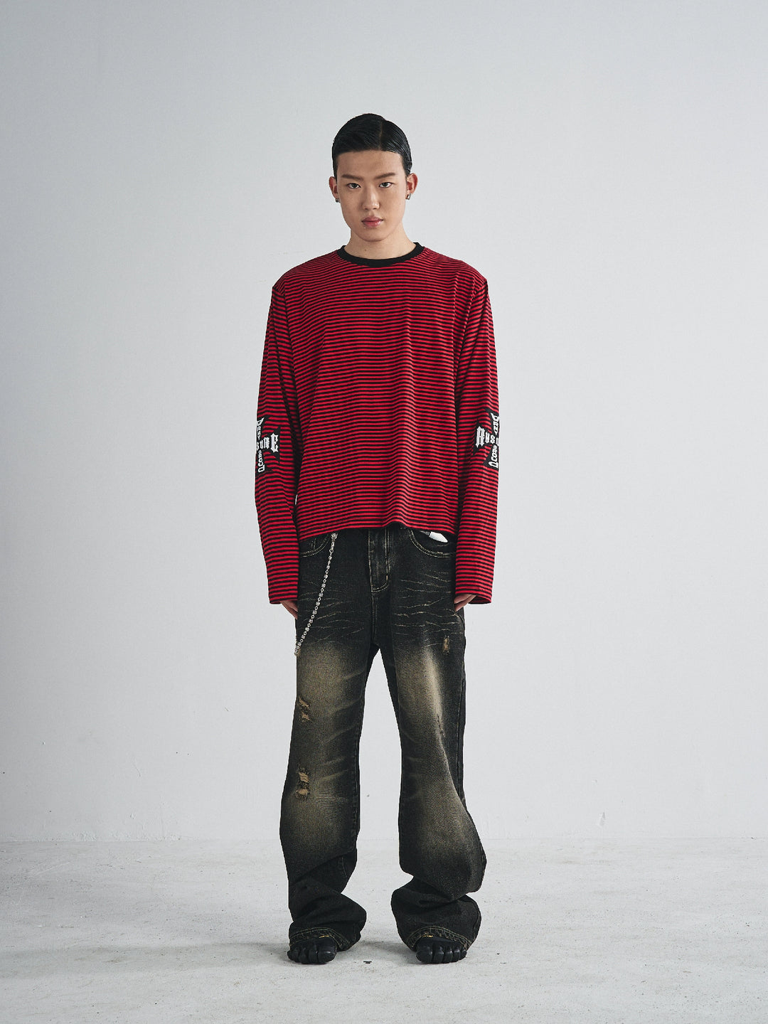 RUSURE Striped Cross Logo Print Long Sleeve Tee | Face 3 Face