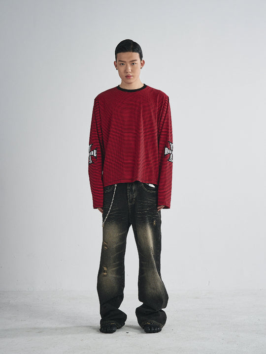 RUSURE Striped Cross Logo Print Long Sleeve Tee | Face 3 Face