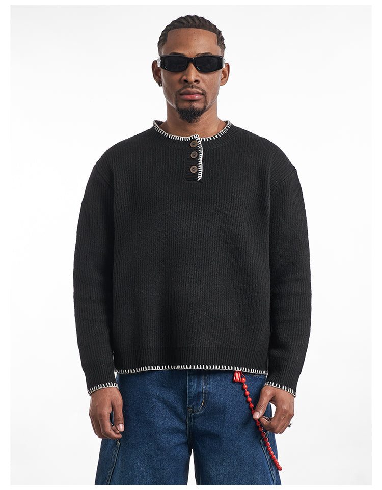 F3F Select White Stitching Henley Neck Knit Sweater | Face 3 Face