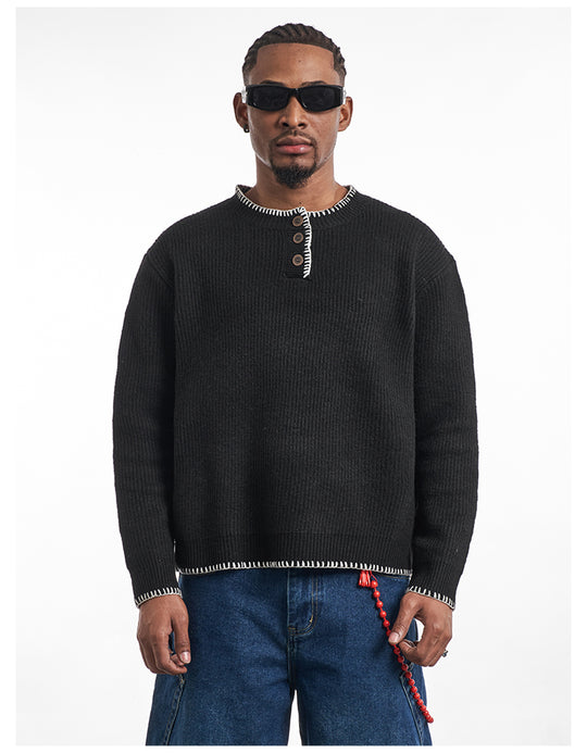 F3F Select White Stitching Henley Neck Knit Sweater | Face 3 Face