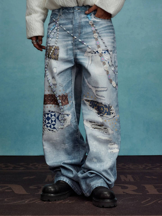 YADcrew x MEDM 3D Cloth Patch Chain Distressed Digital Print Jeans | Face 3 Face