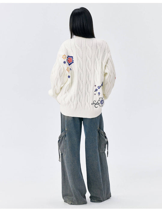 MEDM Floral Butterfly Embroidered Cable Knit Cardigan | Face 3 Face