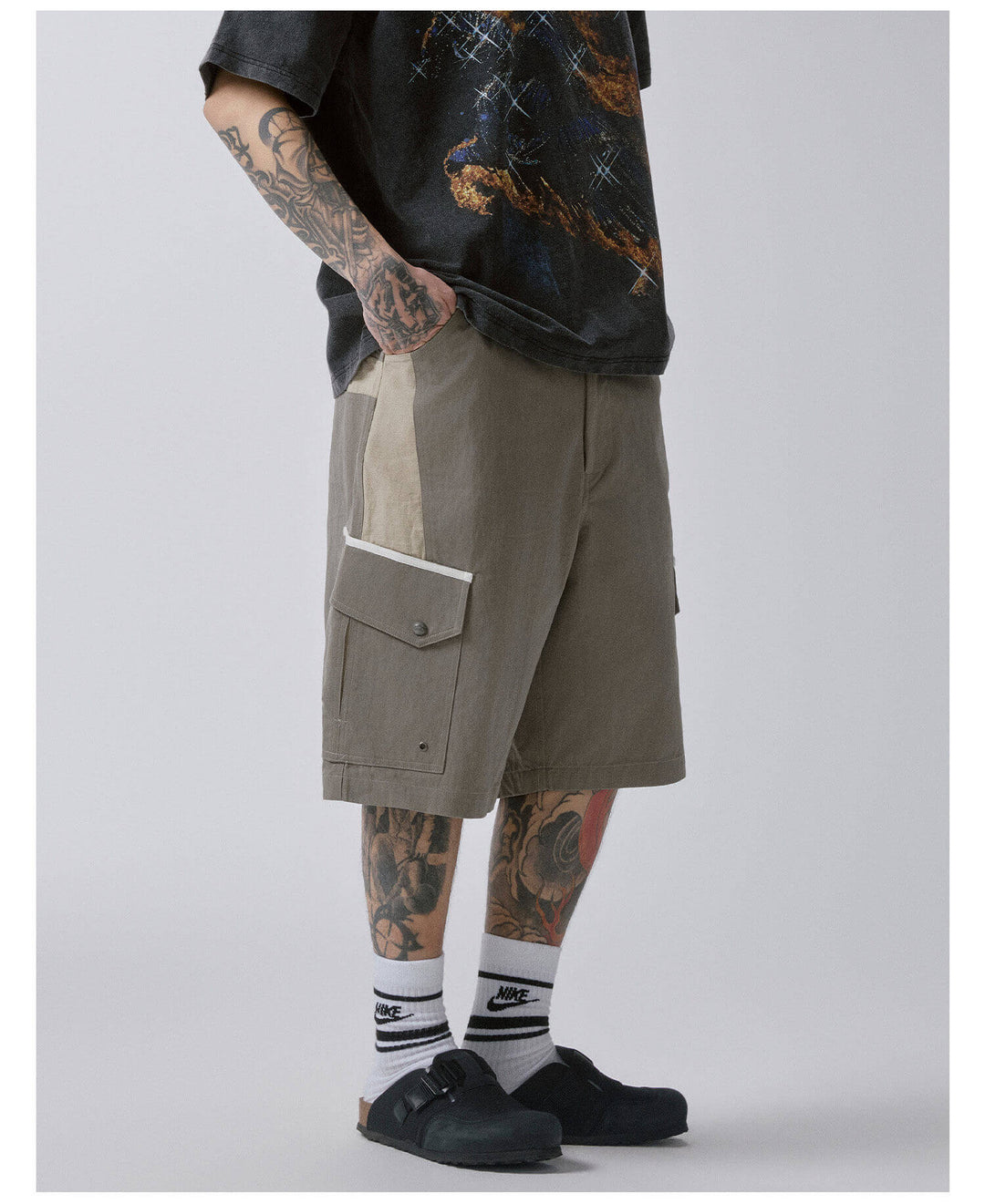 F2CE Color Block Patchwork Pocket Utility Shorts | Face 3 Face