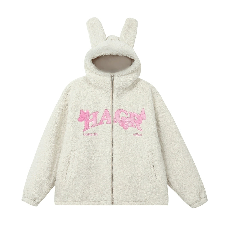 Harsh and Cruel Ears Hooded Butterfly Floral Patch Embroidered Sherpa Jacket | Face 3 Face