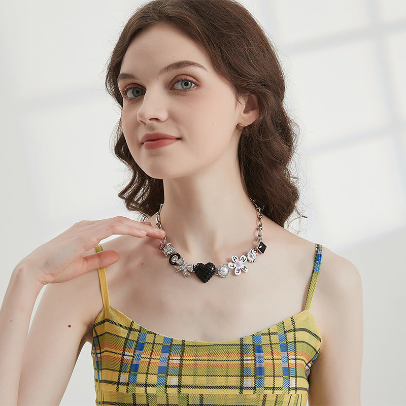 AWE Black Love Heart Daisy Chain Necklace | Face 3 Face