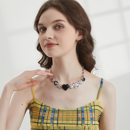 AWE Black Love Heart Daisy Chain Necklace | Face 3 Face