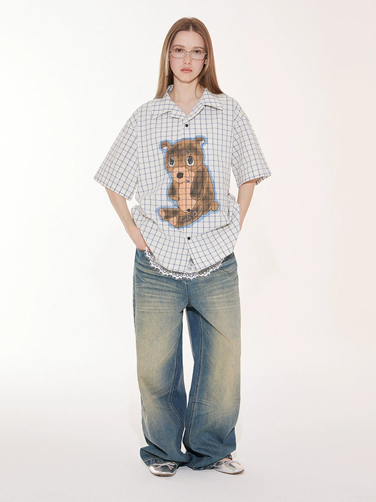 EMPTY REFERENCE Hand Painted Bear Print Plaid Short Sleeve Shirt | Face 3 Face