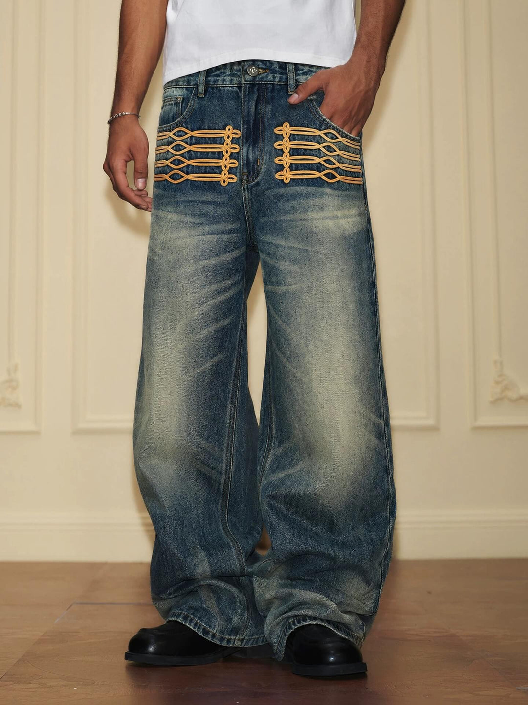 YADcrew Braid Embroidered Washed Loose Fit Jeans | Face 3 Face