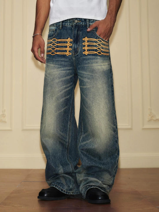 YADcrew Braid Embroidered Washed Loose Fit Jeans | Face 3 Face