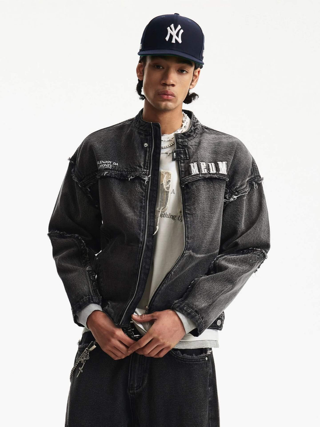 MEDM Washed Distressed Frayed Patchwork Denim Jacket | Face 3 Face