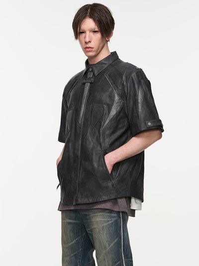 BLIND NO PLAN Patchwork Leather Biker Short Sleeve Shirt | Face 3 Face