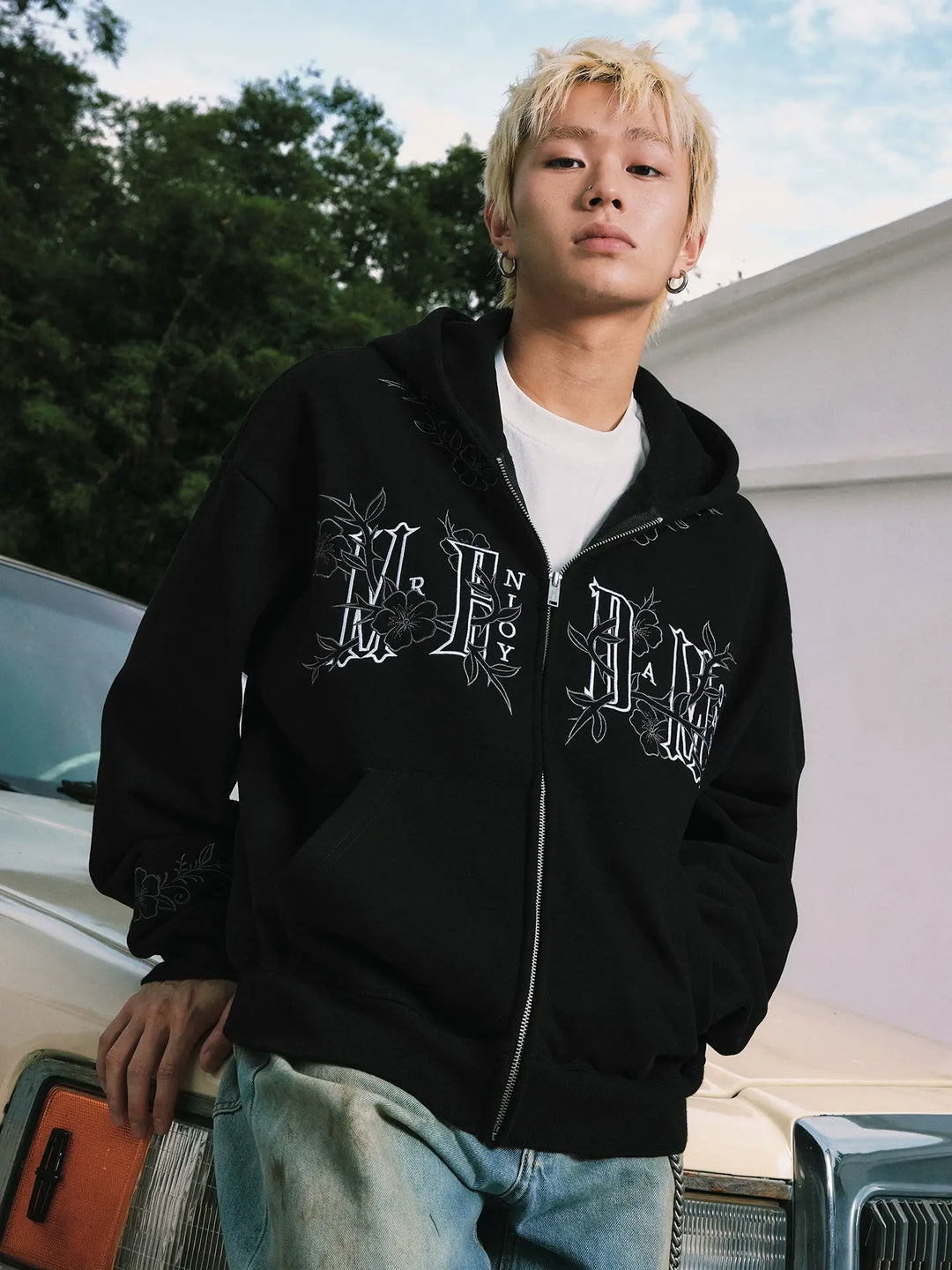 MEDM Flower Embroidered Zip Up Hoodie | Face 3 Face