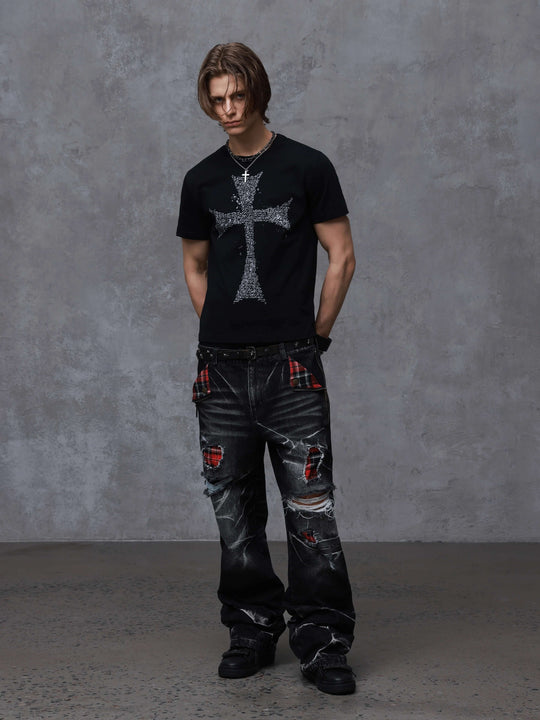 ANTIDOTE Faded Cross and Wings Print Short Sleeve Tee