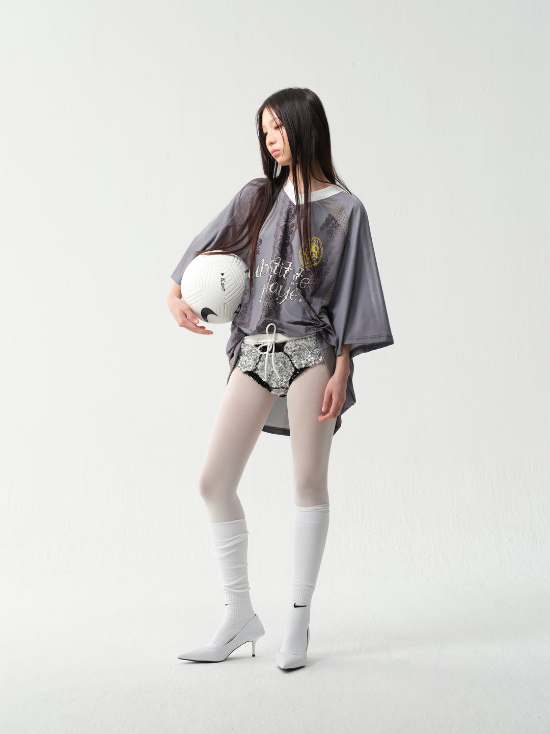 wii wil Oversize Light Gray Striped Lace Pattern Soccer Jersey | Face 3 Face