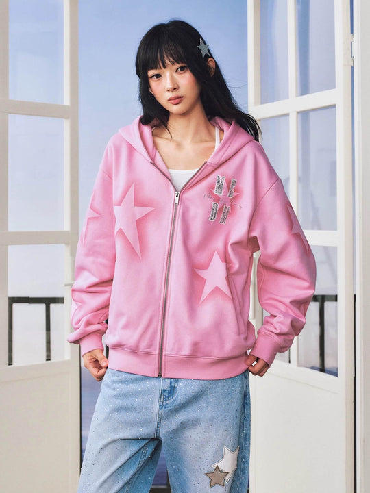MEDM Spray Star Print Rhinestone Logo Zip Up Hoodie | Face 3 Face