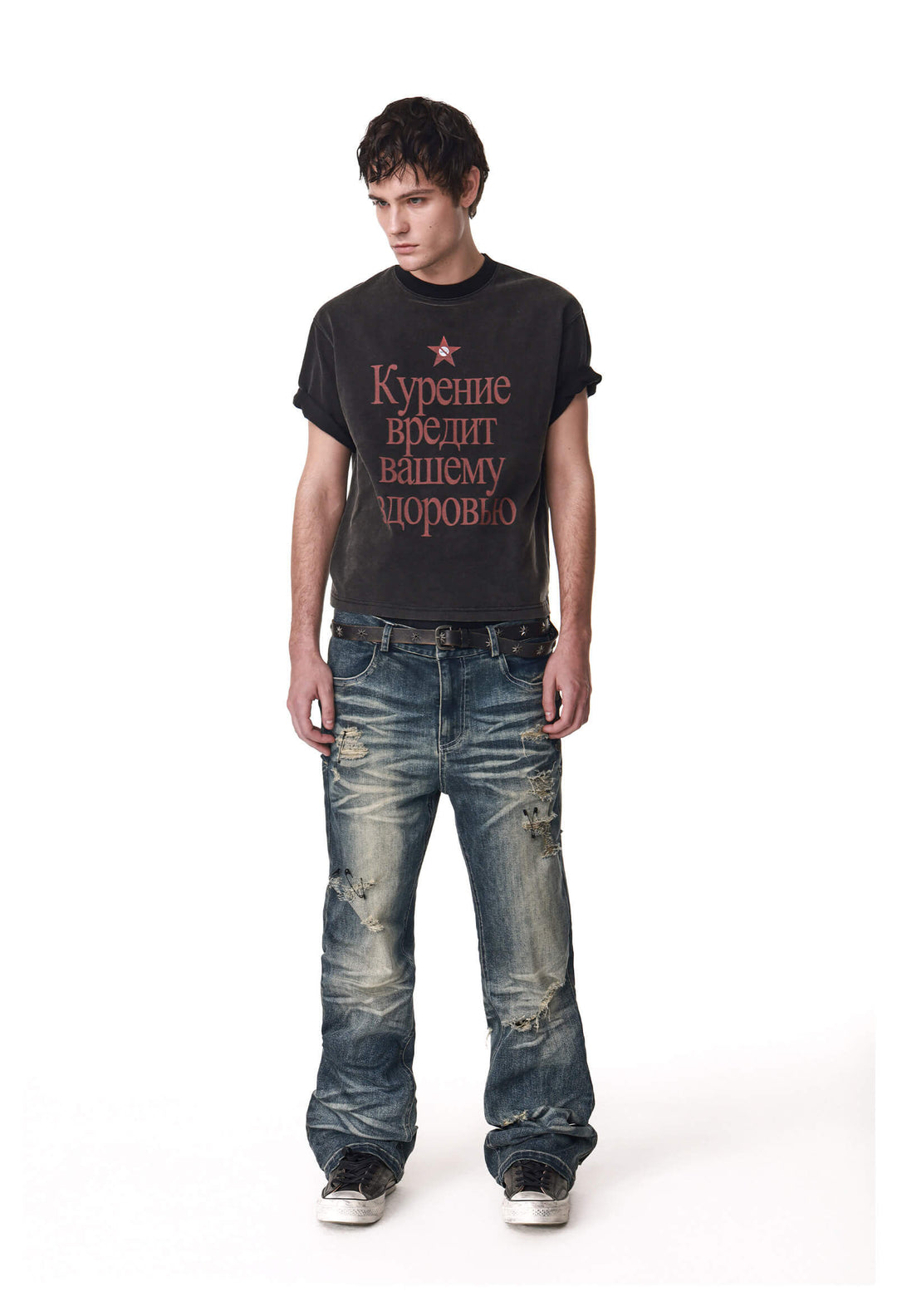 ANTIDOTE Cyrillic Letter Print Washed Short Sleeve Tee | Face 3 Face