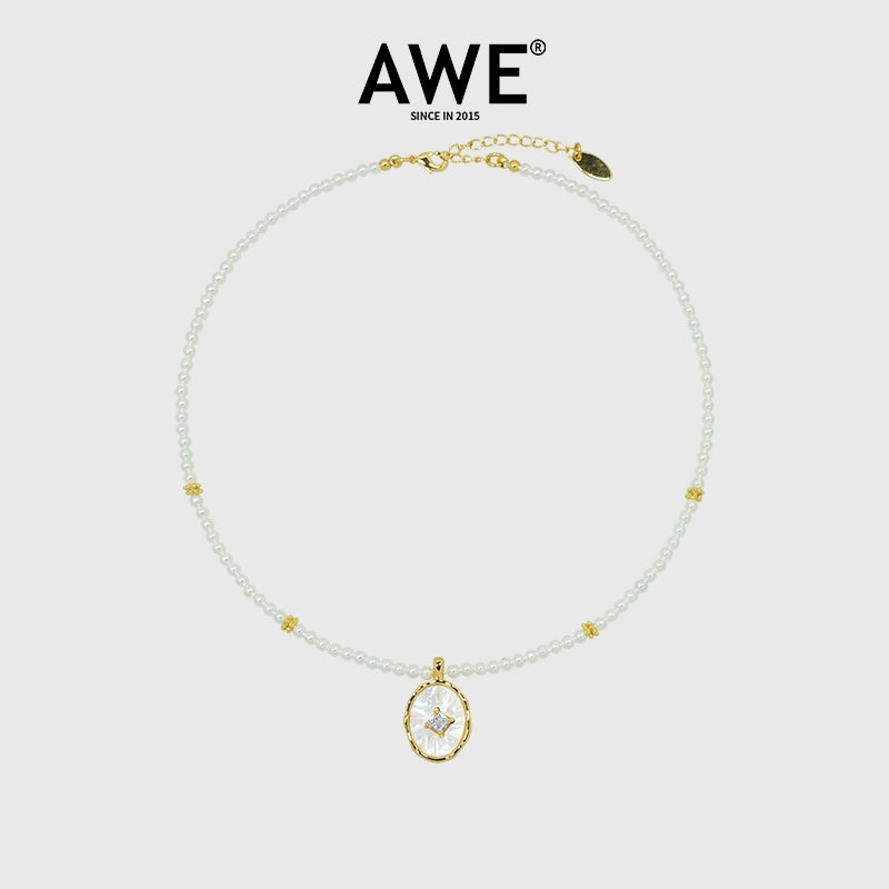 AWE Zirconia Pendant Pearl Beaded Necklace | Face 3 Face