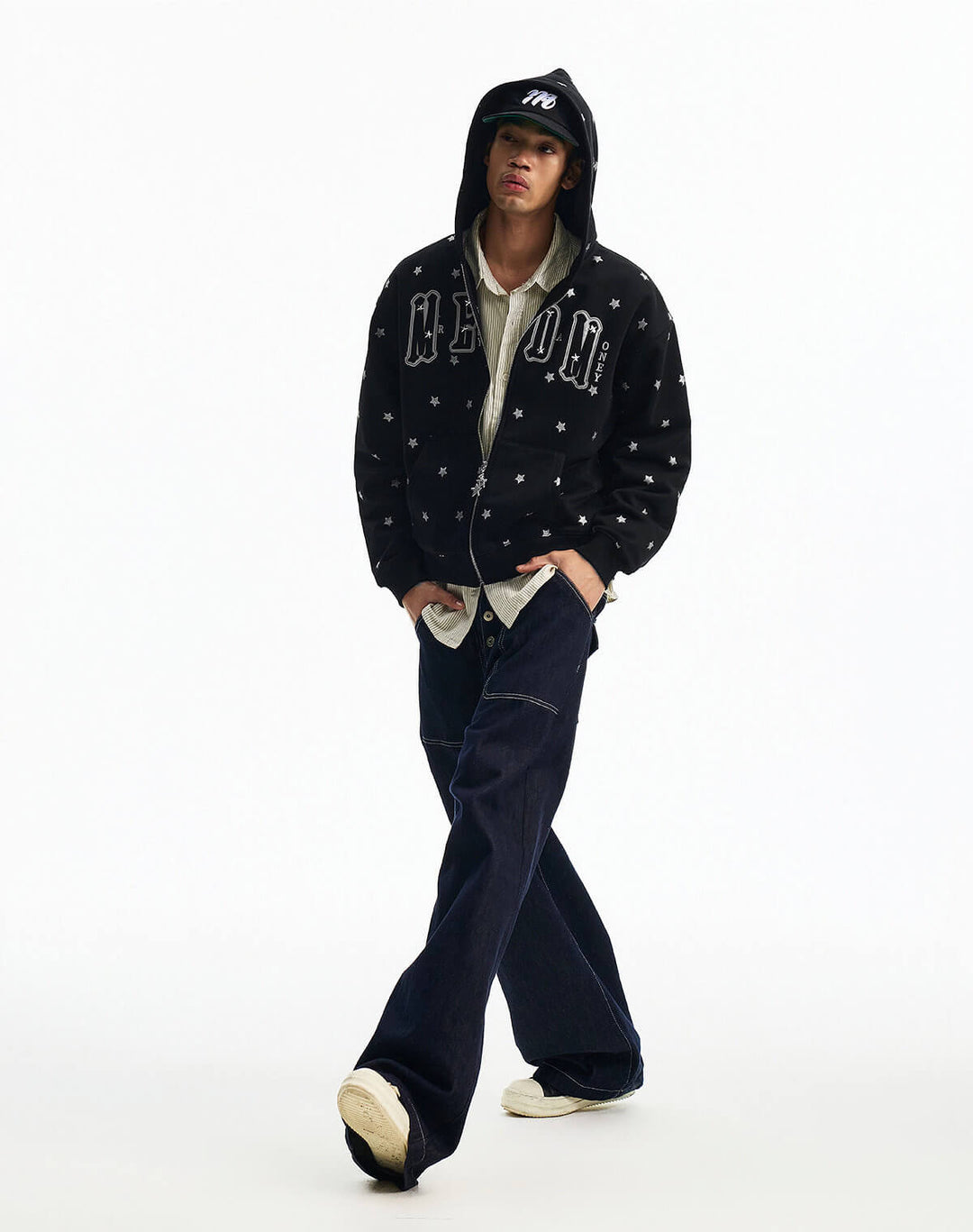 MEDM All Over Glitter Star Print Logo Patch Zip Up Hoodie | Face 3 Face