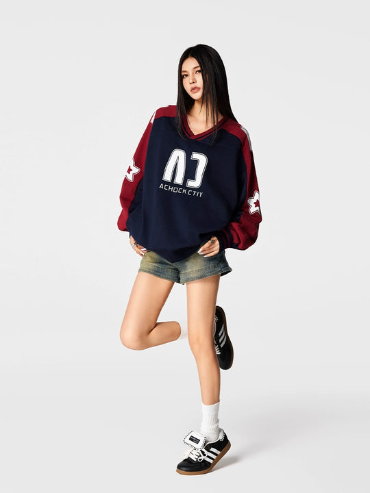 Achock Color Blocking V-Neck Sweatshirt | Face 3 Face