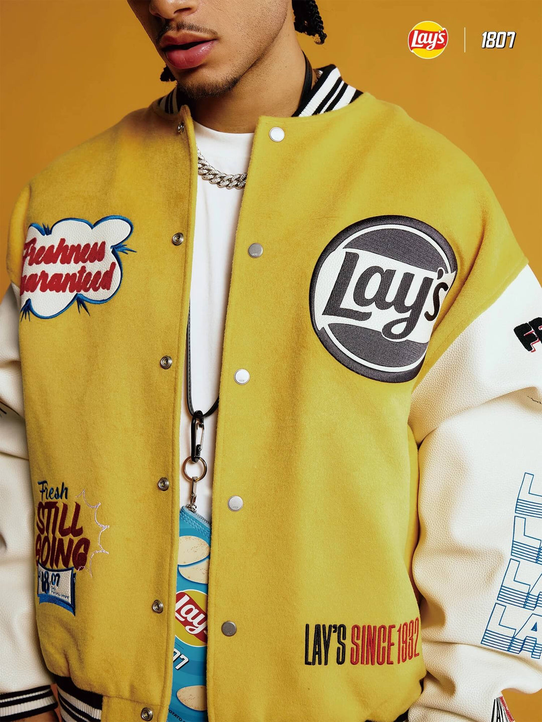 1807 × Lay’s Embroidered PU Leather Varsity Jacket | Face 3 Face