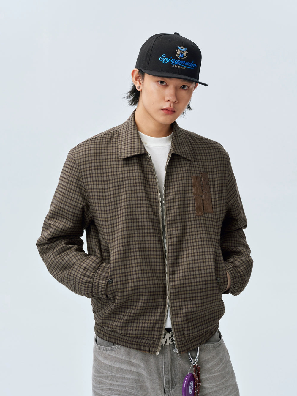 MEDM Plaid Quilted-Lined Leather Patch Track Jacket | Face 3 Face