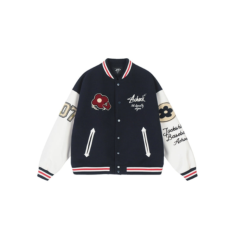 Racer varsity jacket | Achock Flower Logo Embroidery Varsity Jacket | Face 3 Face