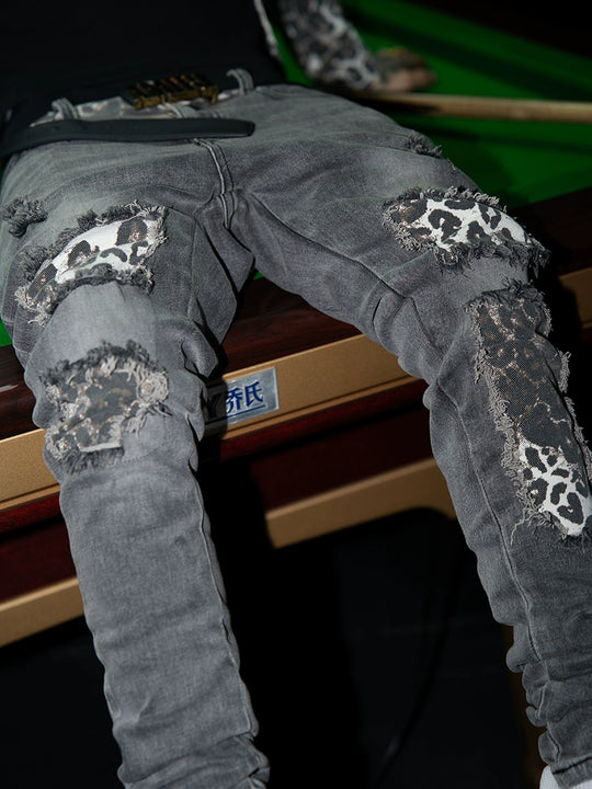TGFCLUB Leopard Patch Washed Distressed Slim Fit Jeans | Face 3 Face