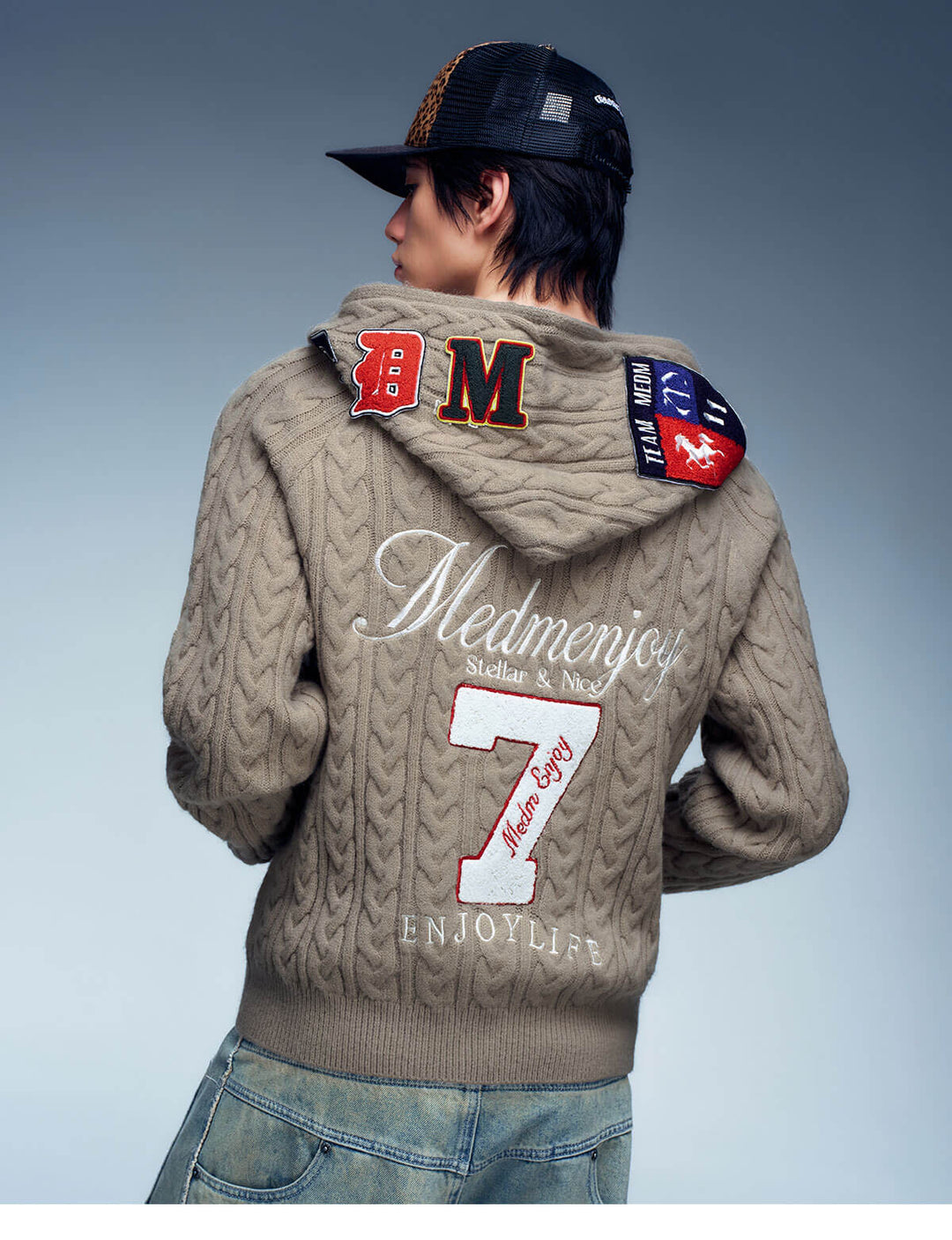 MEDM Patch Applique Zip Up Knit Hoodie | Face 3 Face
