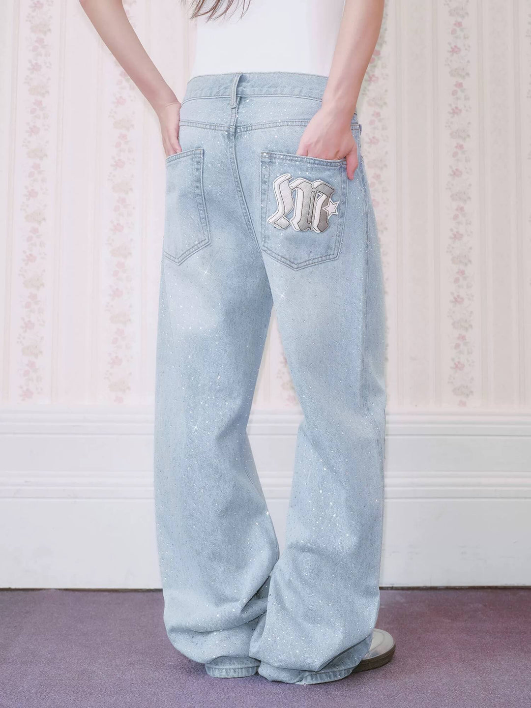 MEDM All Over Rhinestone Star Patch Jeans | Face 3 Face