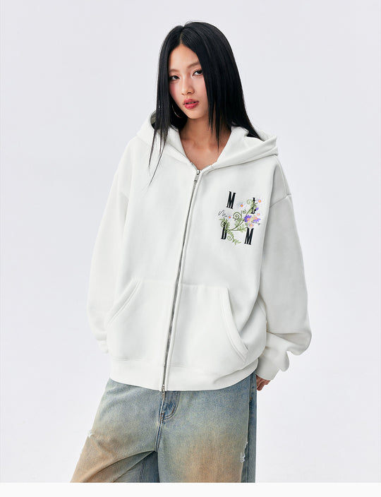 MEDM Floral Logo Embroidered Zip Up Hoodie | Face 3 Face