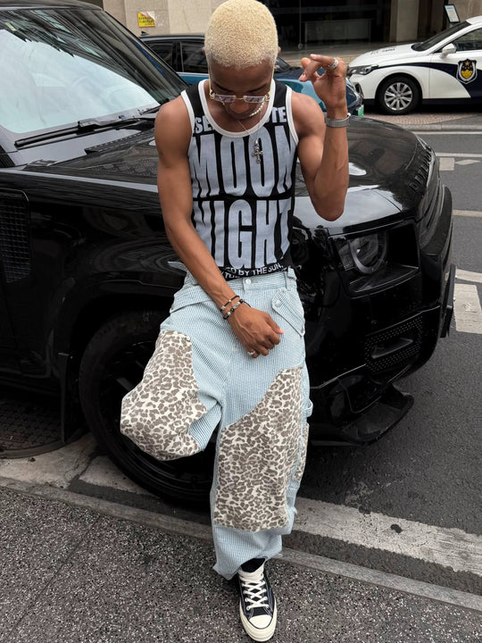 STEEPC Leopard Print Double Knee Hickory Stripe Baggy Pants | Face 3 Face