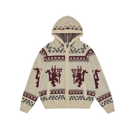 EVILKNIGHT(EK) Ethnic Pattern Knit Hooded Cardigan