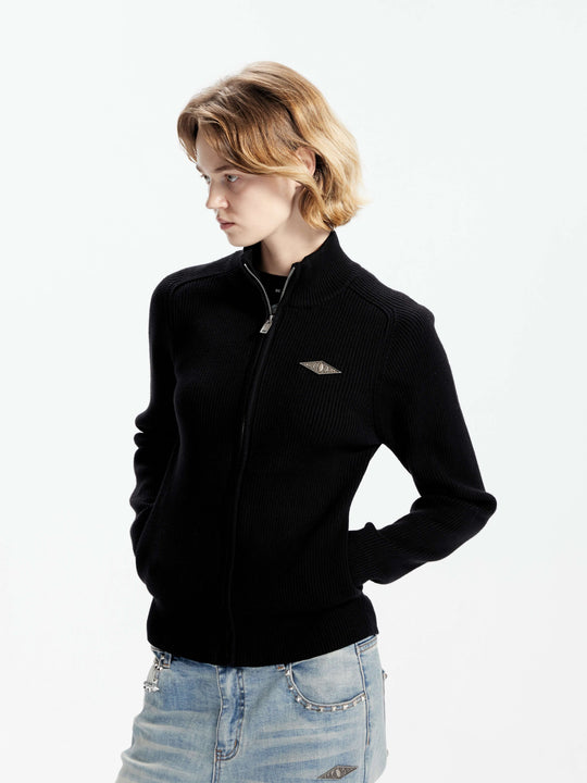 KARMANISTIC Metal Logo Badge Slim Fit Zip Up Knit Sweater | Face 3 Face