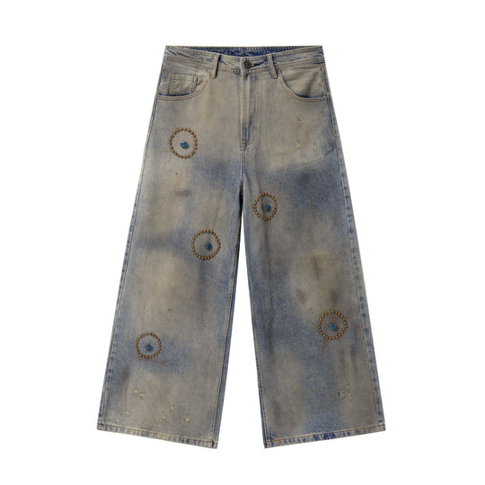 JHYQ Blue Beaded Studded Curved Seam Machete Jeans | Face 3 Face