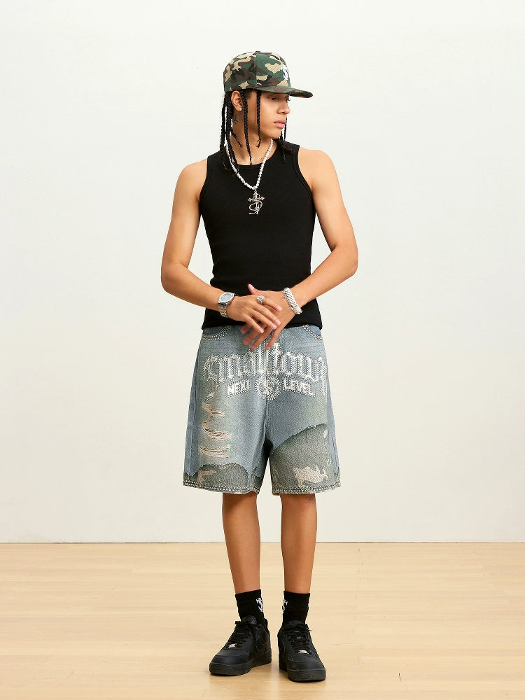 Small Town Kid Rhinestone Destroyed Print Denim Shorts | Face 3 Face