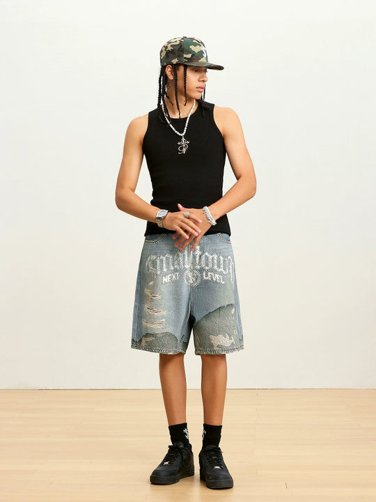 Small Town Kid Rhinestone Destroyed Print Denim Shorts | Face 3 Face