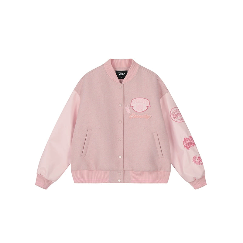 Achock Pink Multi Embroidery Varsity Jacket | Face 3 Face