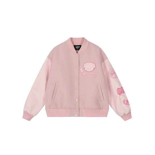Achock Pink Multi Embroidery Varsity Jacket | Face 3 Face