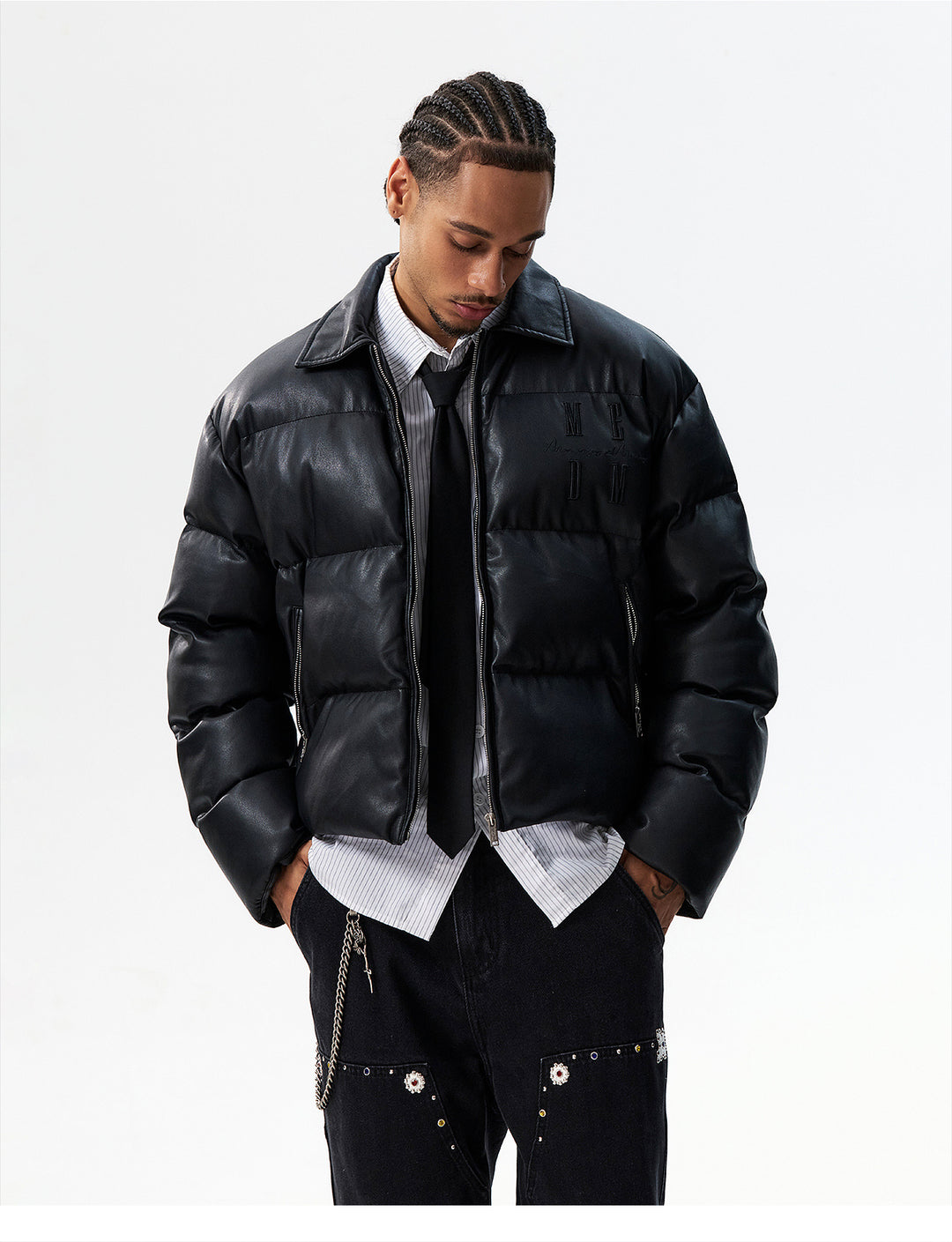 MEDM PU Leather 3D Embroidered Puffer Jacket | Face 3 Face