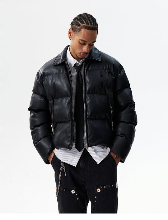 MEDM PU Leather 3D Embroidered Puffer Jacket | Face 3 Face