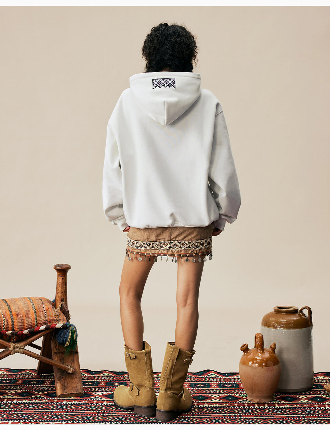 MEDM Ethnic Embroidered Patch Pearl Oversized Hoodie | Face 3 Face