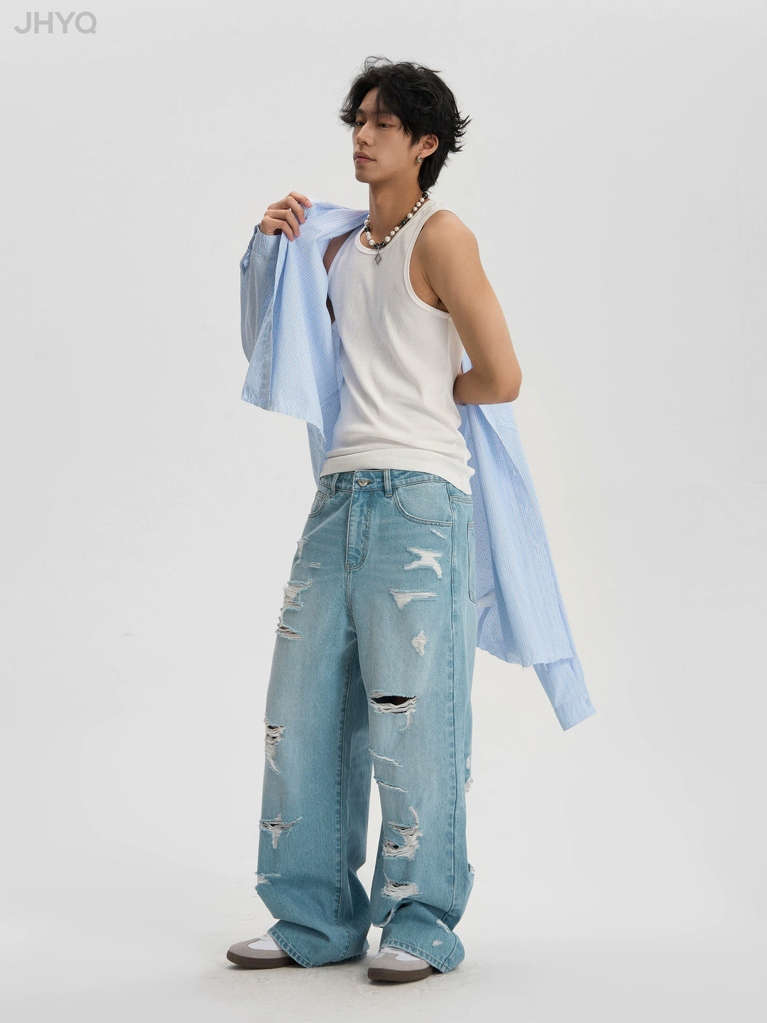 JHYQ Washed Holes Light Colored Baggy Jeans
